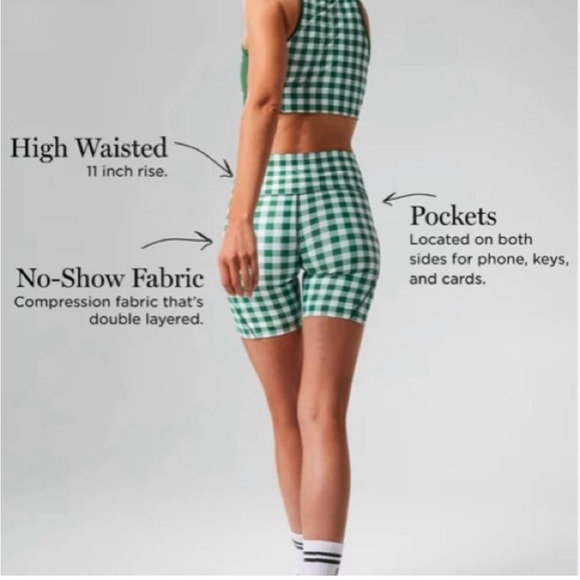 Tuckernuck Trellis Gingham Biker Shorts M NWT Green White 6” High Waist Pockets - Picture 3 of 9